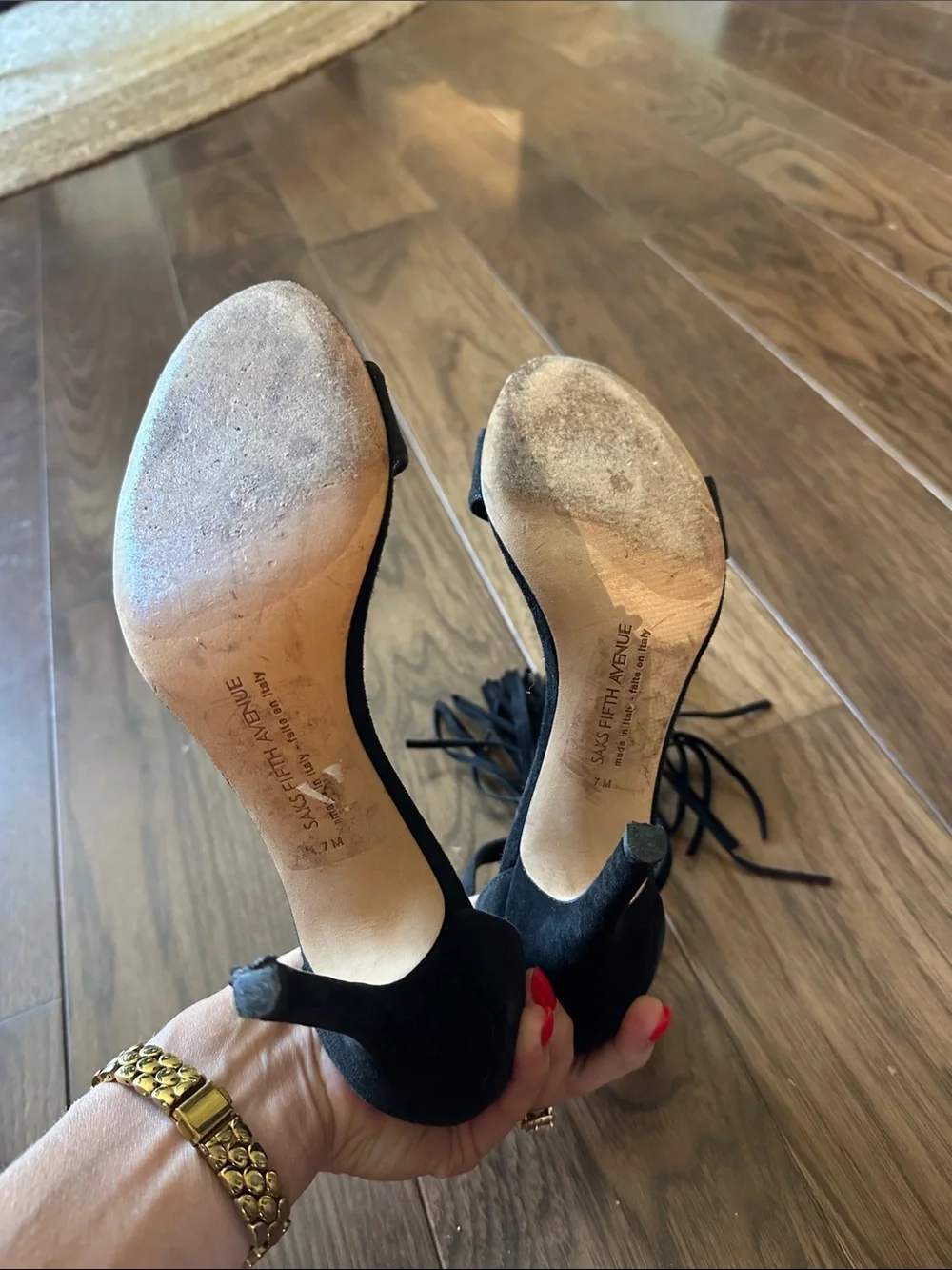 Saks Fifth Avenue Black Suede Tassel Ankle-Strap Heels